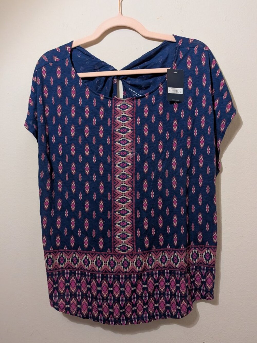 NWT Lucky Brand Boho Lightweight Short Cap Sleeve Top Size L
